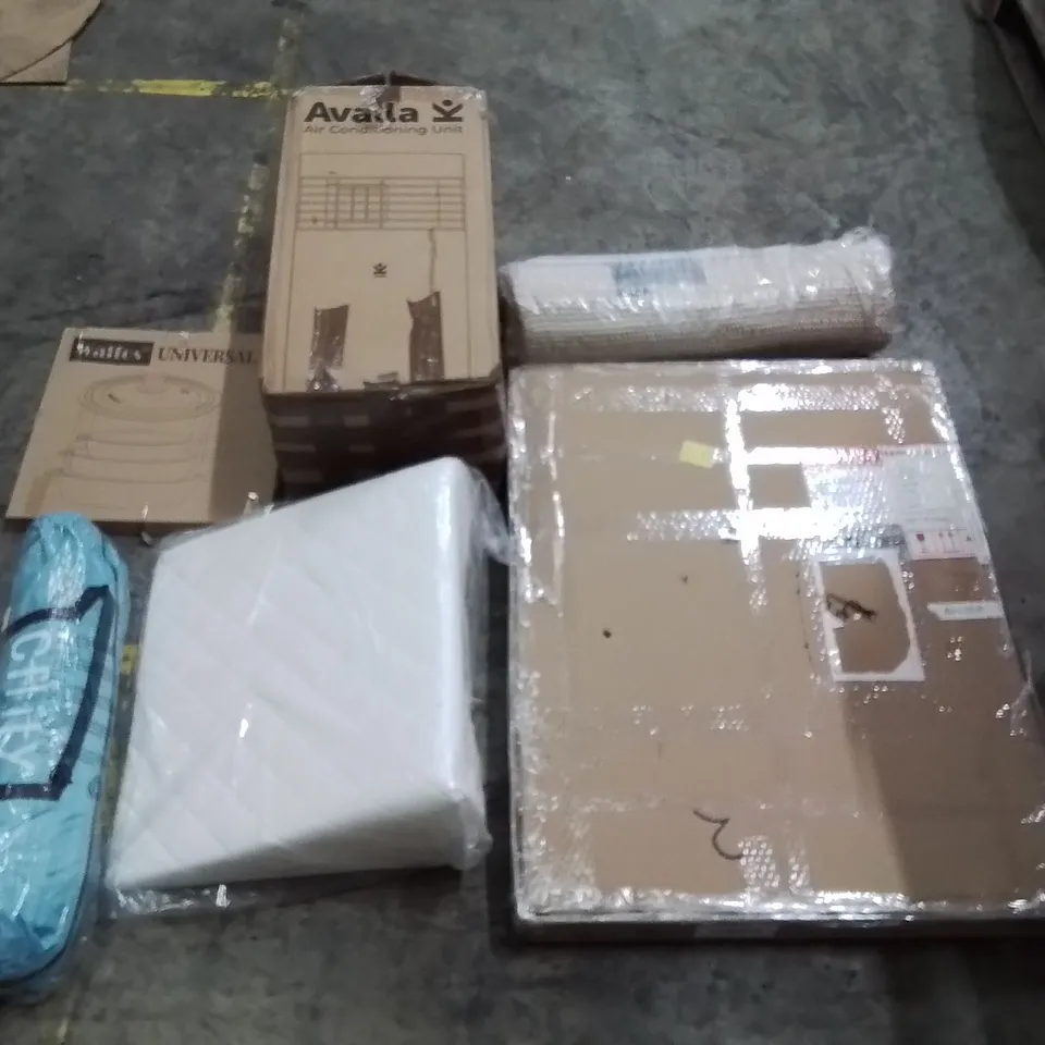 PALLET OF ASSORTED ITEMS TO INCLUDE: LED MIRROR, AIR CONDITIONING UNIT, UNIVERSAL POT LID, BEACH TENT, WEDGE PILLOW, RUG ECT