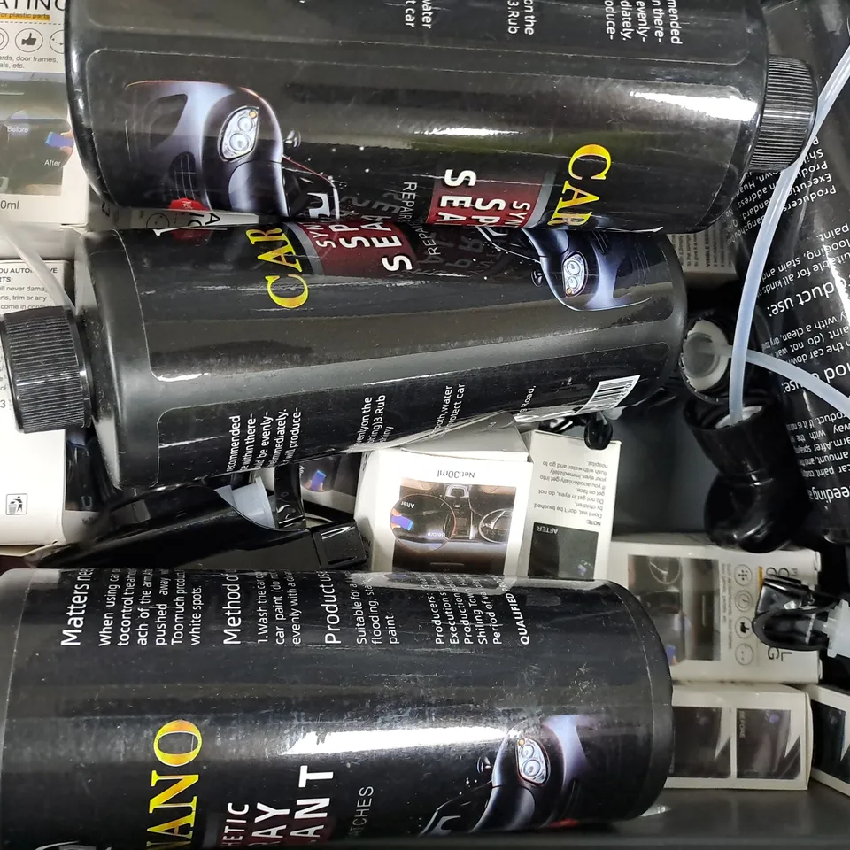 APPROXIMATELY 10 ASSORTED CAR PARTS AND ACCESSORY ITEMS TO INCLUDE PLASTIC PARTS CRYSTAL COATING, CAR NANO SPRAY SEALANT, ETC