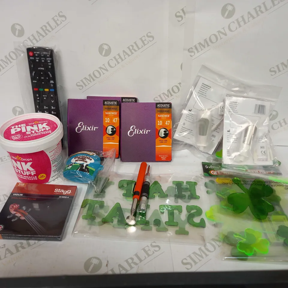 BOX TO CONTAIN APPROX 20 X ASSORTED HOUSEHOLD PRODUCTS, INCLUDES REMOTE, VIOLIN ACCESSORY ETC 
