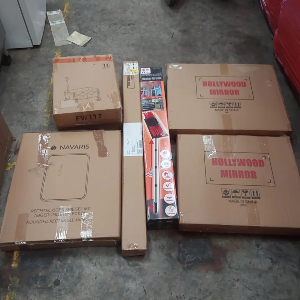 PALLET OF ASSORTED ITEMS INCLUDING: HOLLYWOOD MIRRORS, ROLLING CART, MIRROR, HYDROCLEANER WATER BRUSH, FOLDING FOOTBALL GOAL ECT