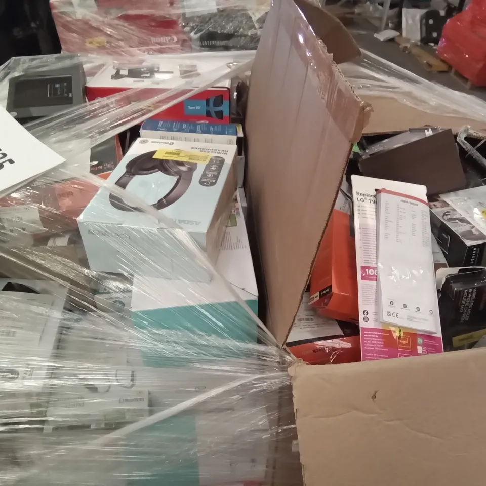 PALLET OF ASSORTED ELECTRONICS INCLUDING CANON PIXMA PRINTER, POLAROID BLUETOOTH DAB+/FM RADIO, SHARP PARTY SPEAKER SYSTEM, MIXX WIRELESS HEADPHONES, MIXX STREAM BUDS SPORTS CHARGE, HDMI SWITCHER