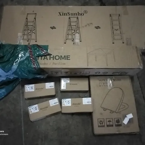 PALLET OF ASSORTED ITEMS INCLUDING LADDER, TOILET SEAT, LED BULBS, LYITA GAZEBO