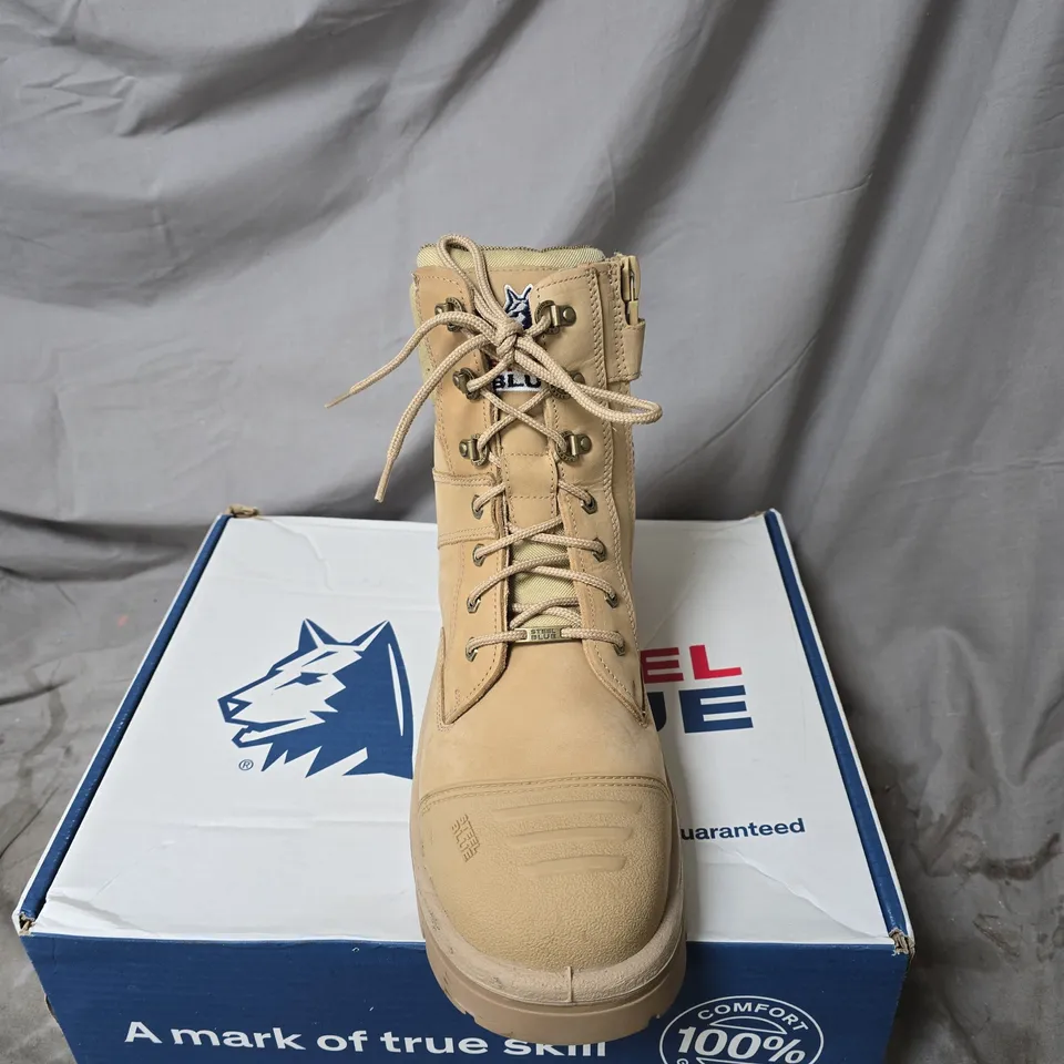 STEEL BLUE TAN COMBAT-STYLE BOOTS – MEN'S FOOTWEAR (LACE-UP), ON ORIGINAL BOX SIZE 49