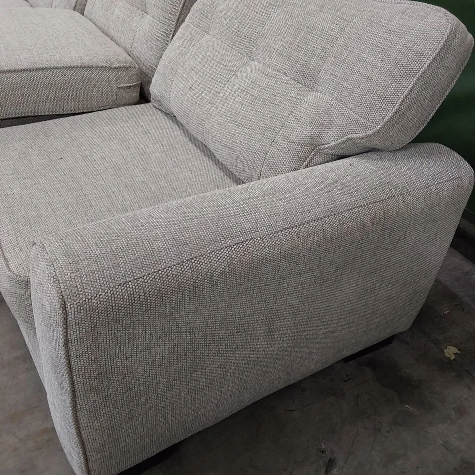 TWO DESIGNER THREE SEATER SECTIONS MAKING A LARGE SIX SEATER SOFA NATURAL FABRIC (PLUS SPARE SEAT CUSHION)