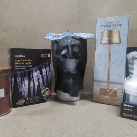 BOX OF ASSORTED ITEMS TO INCLUDE; ADULT BATMAN MASK, WOODWICK CINNAMON CHAI CANDLE, OXO CHOPPER ETC