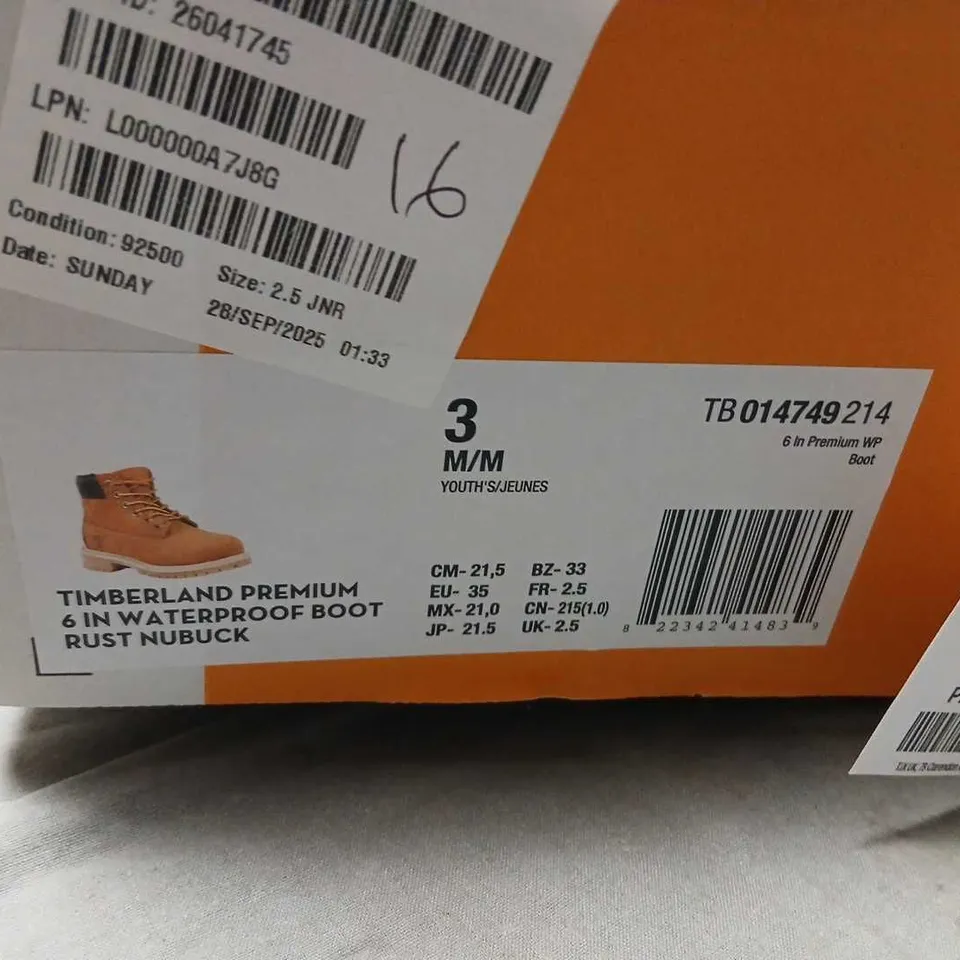 TIMBERLAND PREMIUM 6-INCH WATERPROOF BOOT RUST NUBUCK – YOUTH SIZE 3 M/M