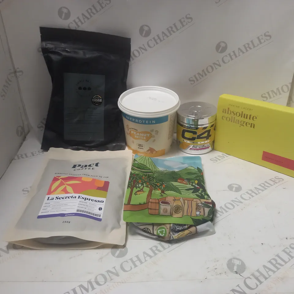 LOT OF ASSORTED FOOD AND DRINK ITEMS TO INCLUDE ALL NATURAL PEANUT BUTTER, GOLDSTONE ESPRESSO AND PACT COFFEE