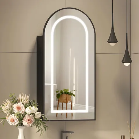 BOXED 400mm W 800mm H ARCHED MEDICINE CABINET ALUMINIUM FRAME ADJUSTABLE LED WITH DEMISTER WITH BUILT-IN SOCKET (1 BOX)