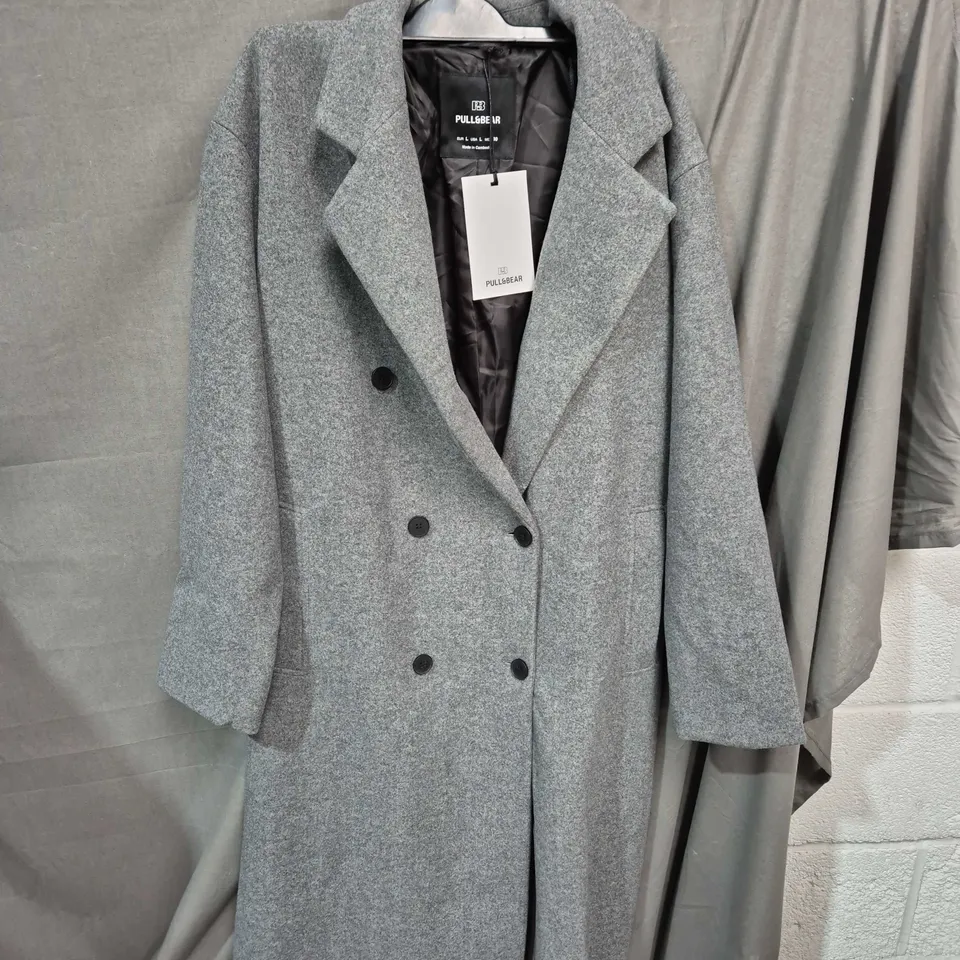 PULL&BEAR WOMEN'S GREY WOOL-BLEND DOUBLE-BREASTED COAT, SIZE L (EU/US)