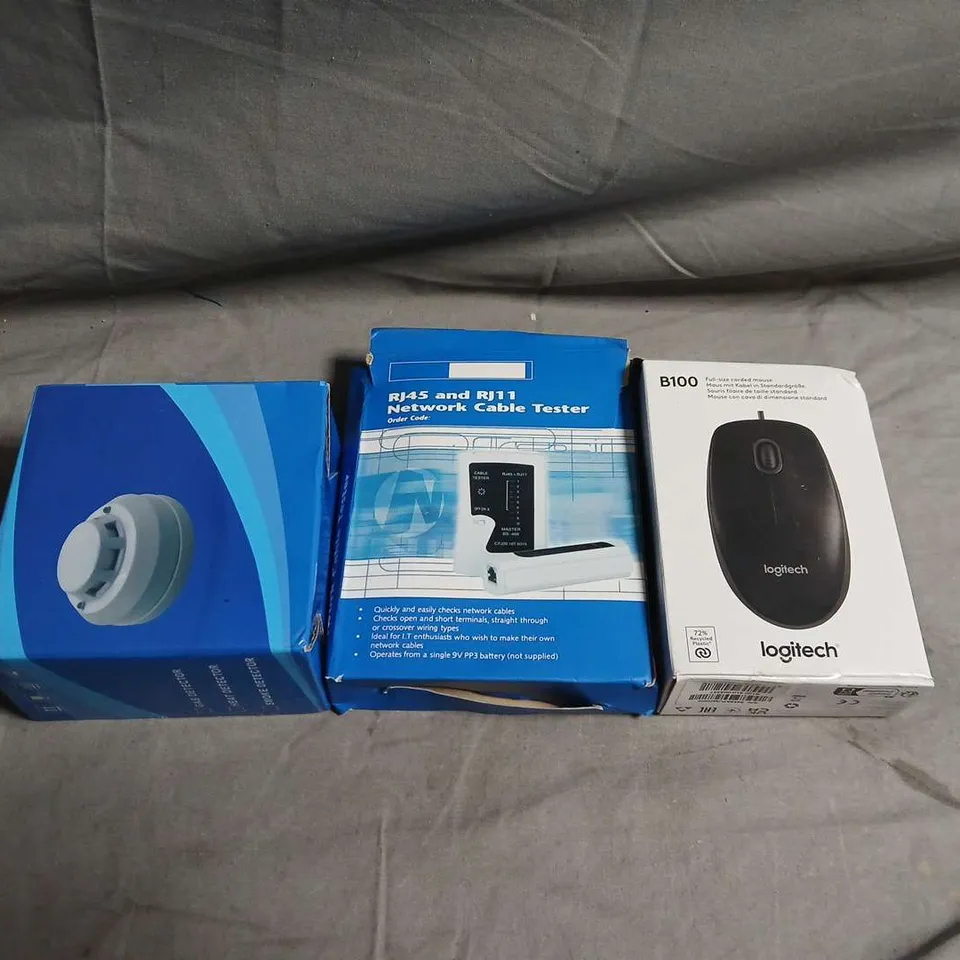 TOTEOF ASSORTED ITEMS TO INCLUDE - LOGITECH B100 USB MOUSE; RJ45/RJ11 NETWORK CABLE TESTER; UNKNOWN BLUE-BOX DEVICE 