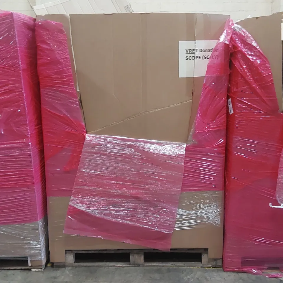PALLET OF ASSORTED ITEMS INCLUDING: A LARGE QUANTITY OF SNORKELING FLIPPERS, INFLATABLE SURF BOARD, STEP LADDER ECT