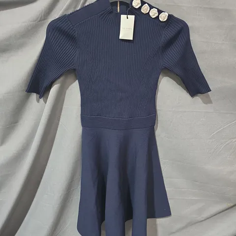 TED BAKER LONDON RIBBED KNIT BUTTON DETAIL SKATER DRESS – NAVY, SIZE 0