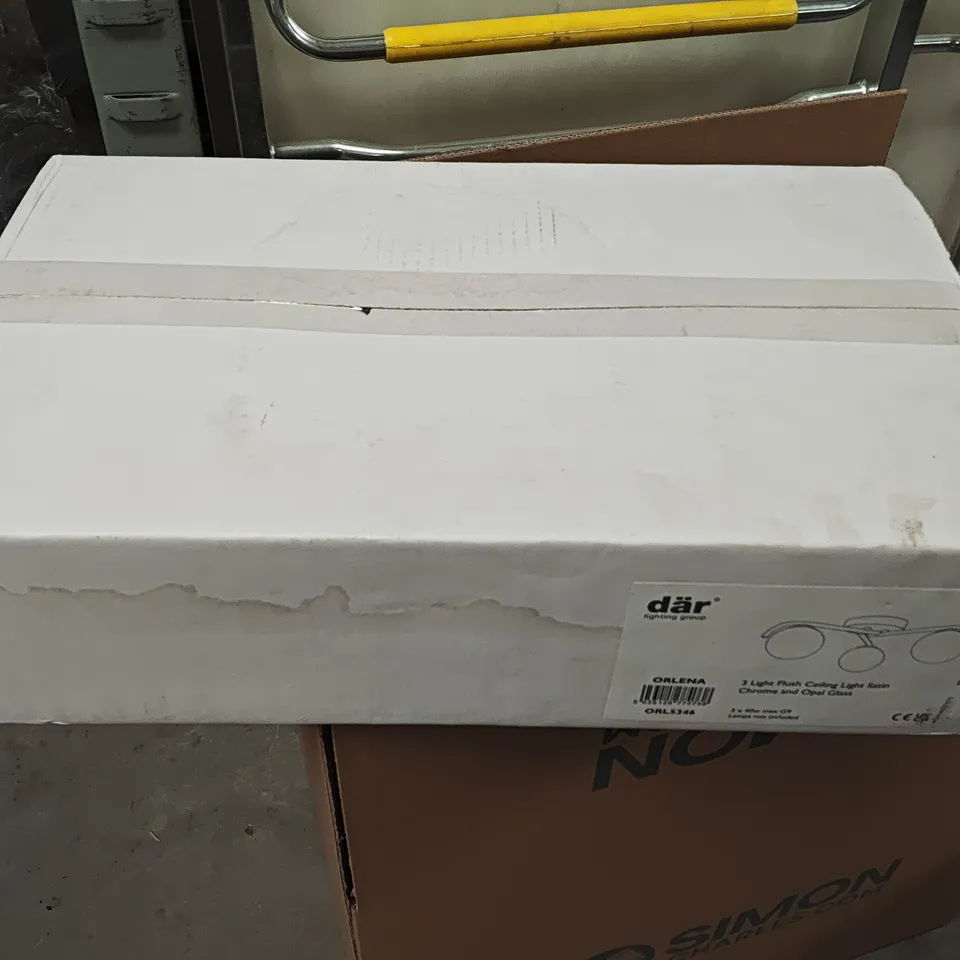 BOXED DAR ORLENA 3-LAMP FLUSH CEILING LIGHT IN SATIN CHROME AND OPAL GLASS