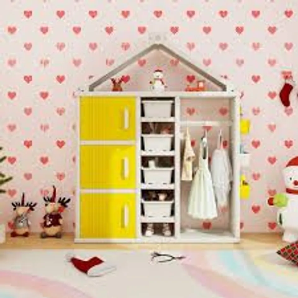 BOXED COSTWAY 3 DOOR 4 SHELF YELLOW KIDS STORAGE CLOSET