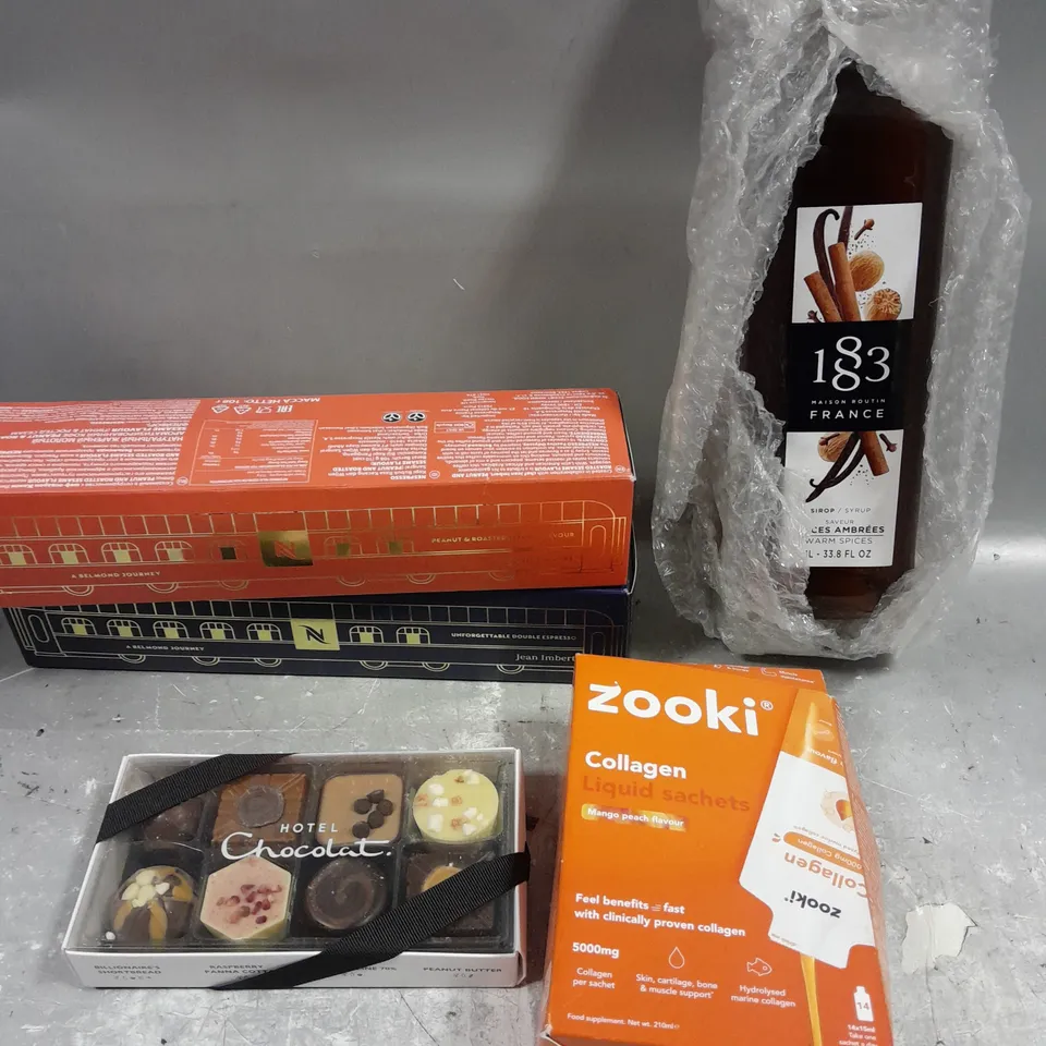 APPROXIMATELY 5 ASSORTED FOOD/DRINK PRODUCTS TO INCLUDE ZOOKI COLLAGEN, HOTEL CHOCOLAT COLLECTION, 183 SYRUP ETC - COLLECTION ONLY 