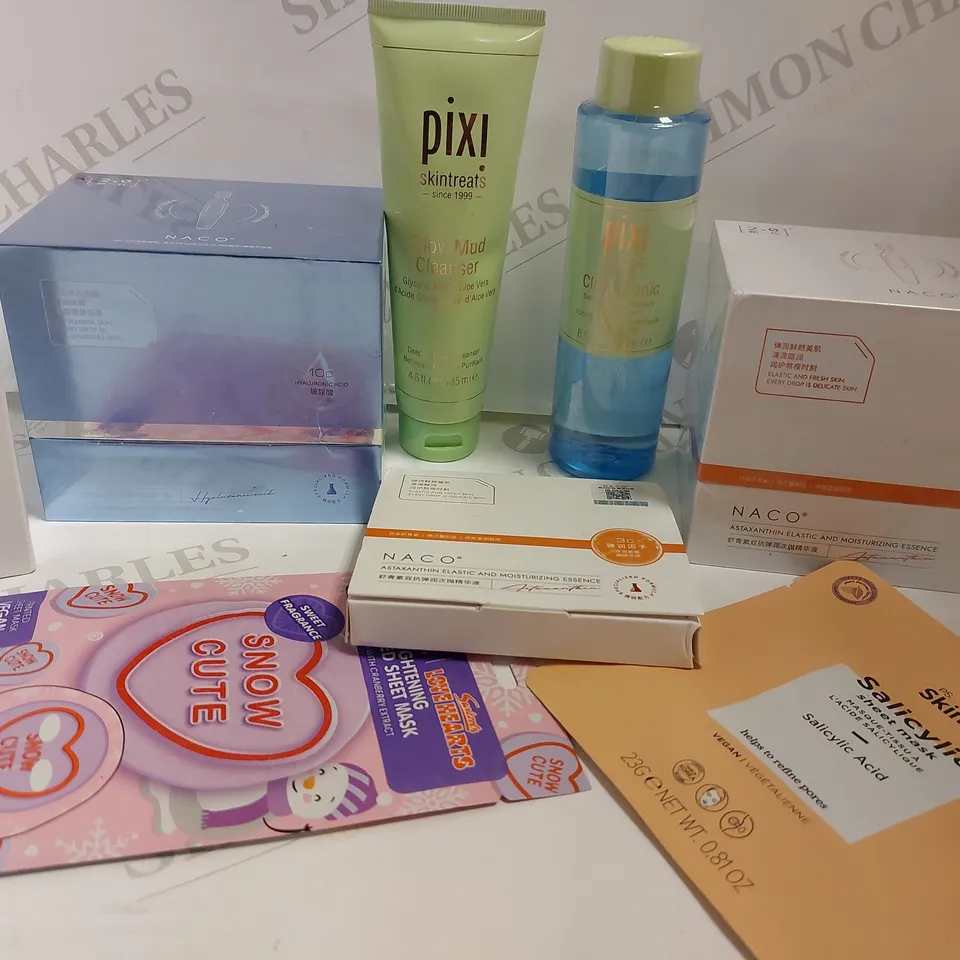 BOX OF APPROX 15 COSMETIC ITEMS TO INCLUDE NACO MOISTURISING ESSENCE, PIXI CLARITY TONIC, GLOW RECIPE AVOCADO CERAMIDES
