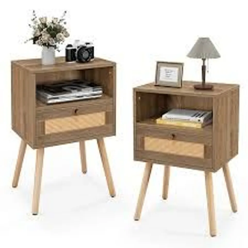 BOXED 2 PCS RATTAN NIGHTSTAND SET BOHO END TABLE COMPACT BEDSIDE TABLE (1 BOX)