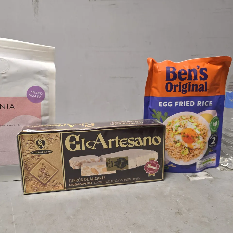 APPROXIMATELY 12 ASSORTED FOOD & DRINK ITEMS TO INCLUDE - BENS EGG FRIED RICE , AMAZON WATER ETC