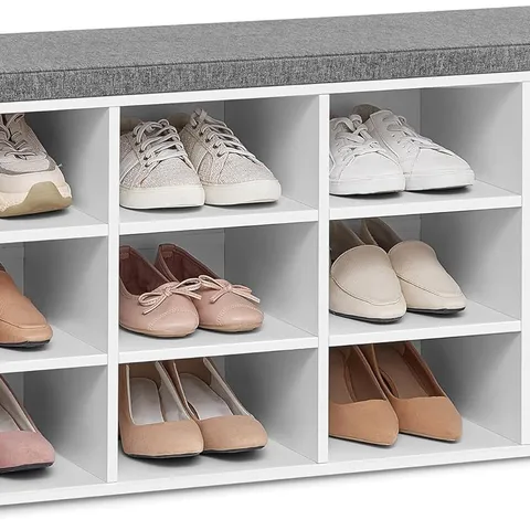 BOXED VASAGLE SHOE STORAGE BENCH WITH PADDED SEAT, 12 COMPARTMENTS, ADJUSTABLE SHELVES, 30.3×104×48CM, CLOUD WHITE  