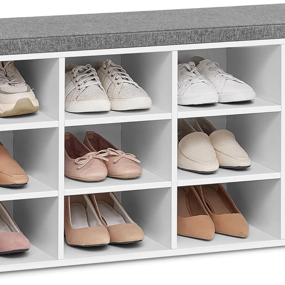 BOXED VASAGLE SHOE STORAGE BENCH WITH PADDED SEAT, 12 COMPARTMENTS, ADJUSTABLE SHELVES, 30.3×104×48CM, CLOUD WHITE