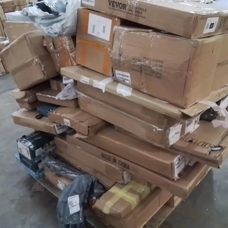 PALLET CONTAINING VARIOUS ASSORTED HOUSEHOLD CUSTOMER RETURNS TO INCLUDE: WALL HUNG CABINET, PET BED, PARASOL AND LOTS MORE UNMARKED BOXED ITEMS 