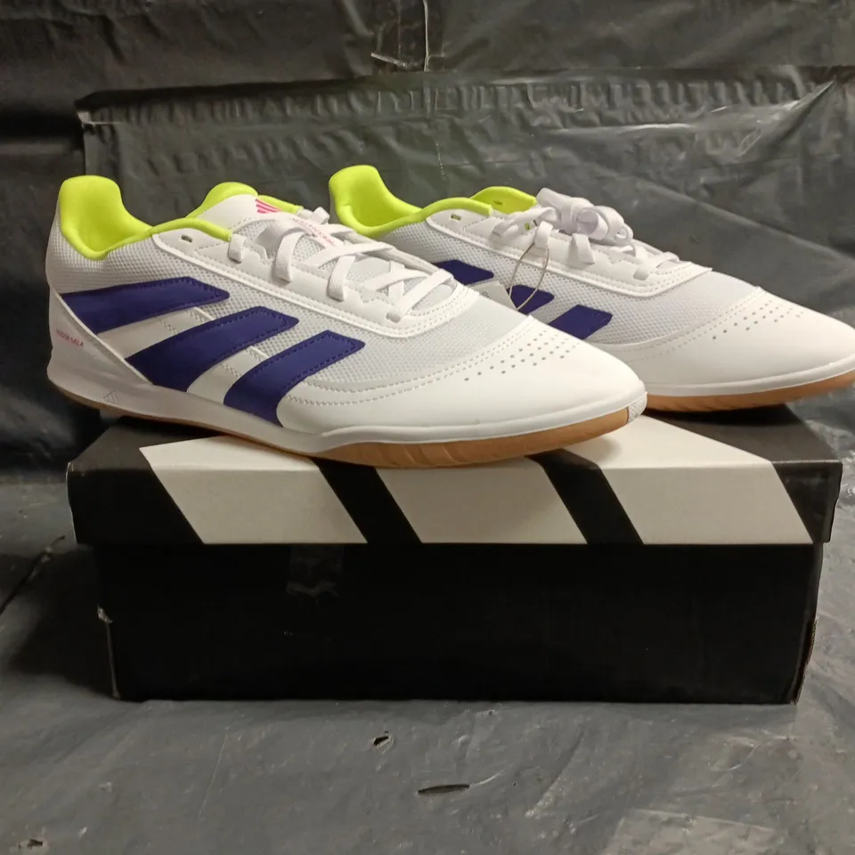 BOXED PAIR OF ADIDAS PREDATOR CLUB IN SALA TRAINERS IN WHITE/NAVY/LIME SIZE UK 11