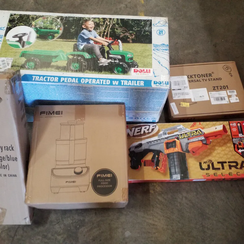 PALLET CONTAINING ASSORTED PRODUCTS INCLUDING TRACTOR PEDAL OPERATED W TRAILER, UNIVERSAL TV STAND, LAUNDRY RACK, FULL-SIZE FOOD PROCESSOR & NERF ULTRA SELECT MOTORIZED BLASTER