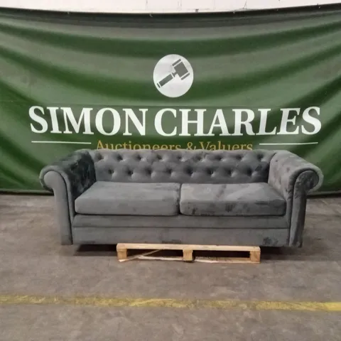 QUALITY DESIGNER 3 SEATER CHESTERFIELD SOFA BED - CHARCOAL VELVET