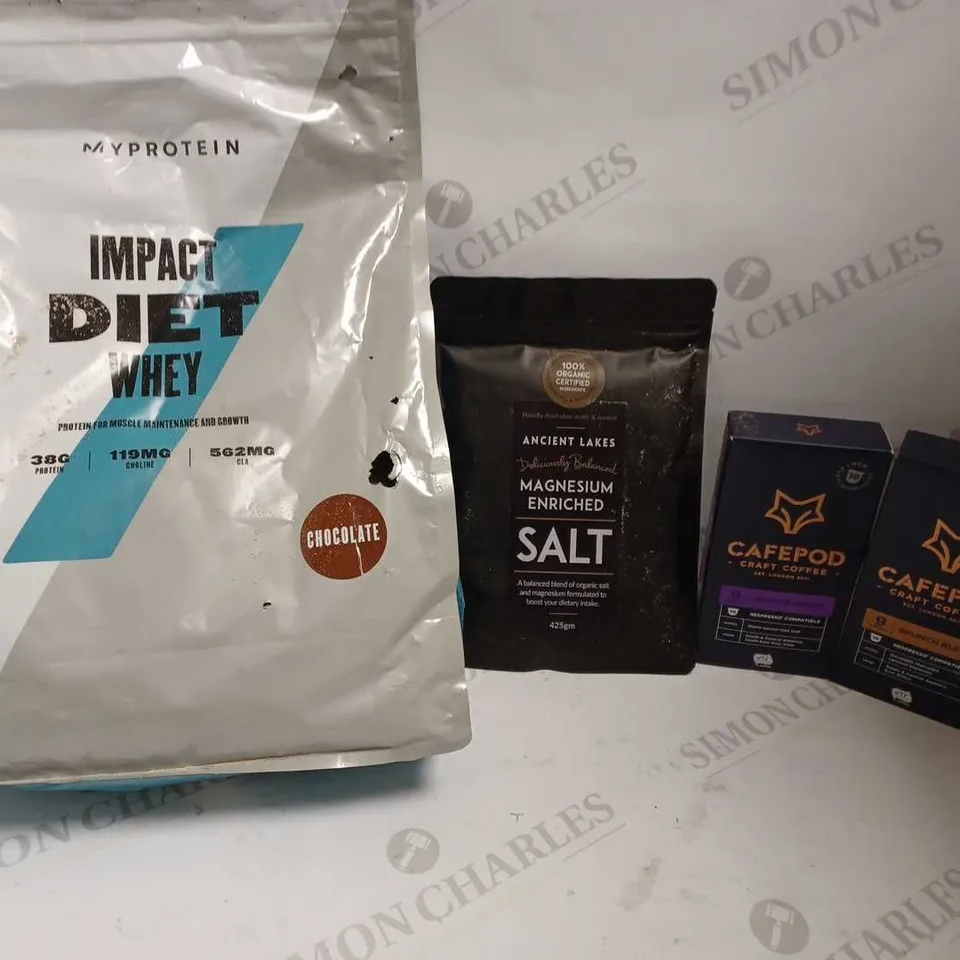 BOX OF APPROX 10 ITEMS TO INCLUDE MYPROTEIN IMPACT DIET WHEY, ANCIENT LAKES MAGNESIUM SALT AND CAFEPODS CRAFT COFFEE 