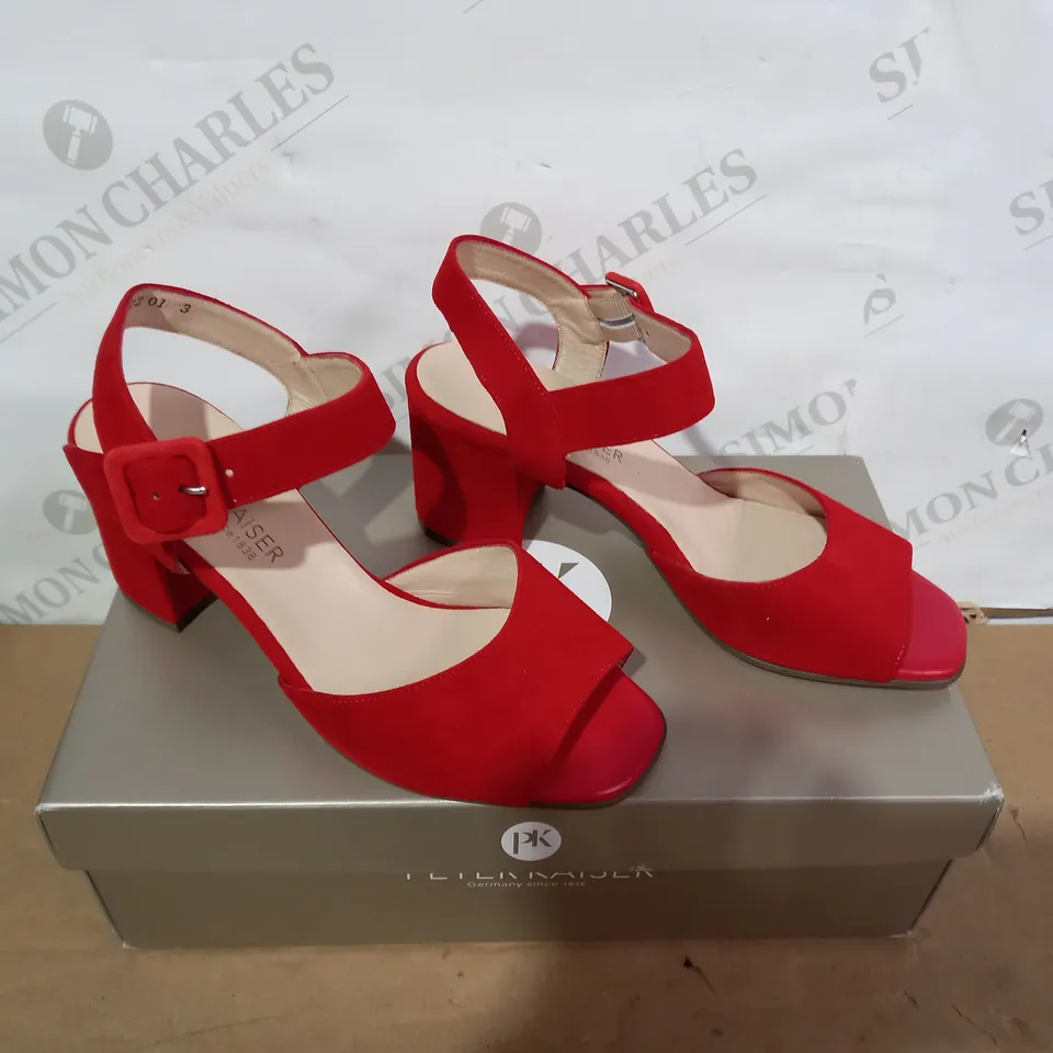 BOXED PAIR OF PETER KAISER HEELED RED SANDALS - SIZE 3
