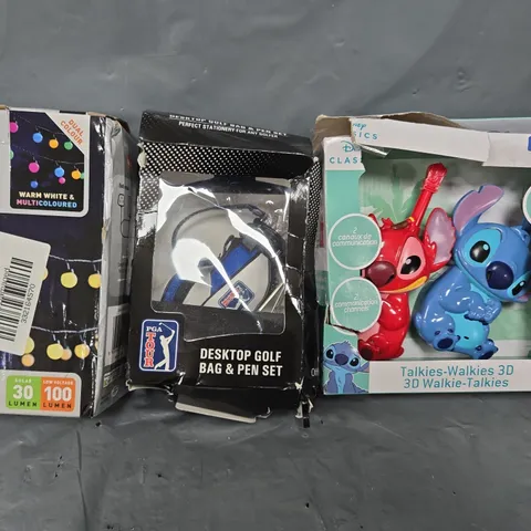 BOX OF APPROX 10 ASSORTED ITEMS TO INCLUDE - TALKIES WALKIES 3D WALKIE TALKIES , DESKTOP GOLF BAG ETC