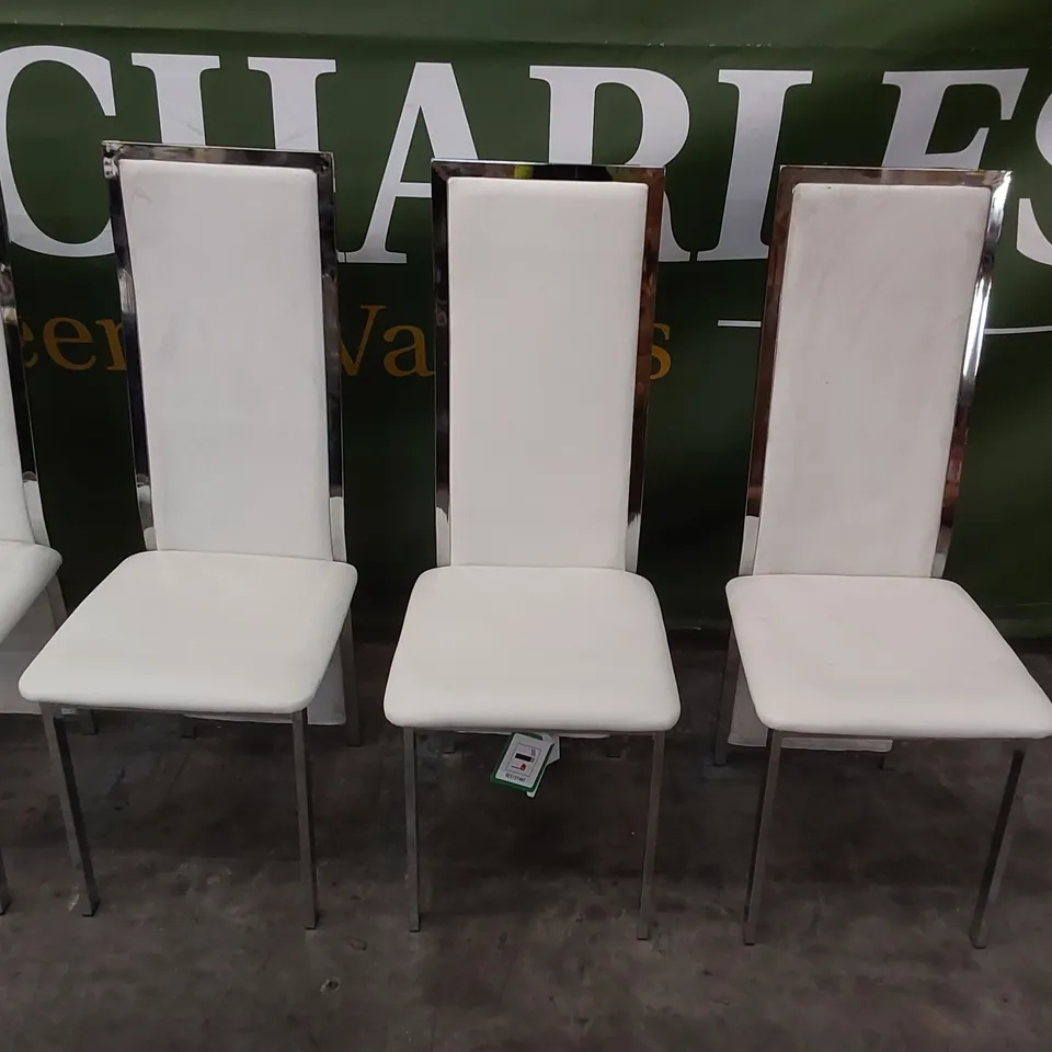 SET OF 6 CELESTE WHITE LEATHER AND CHROME DINING CHAIRS 