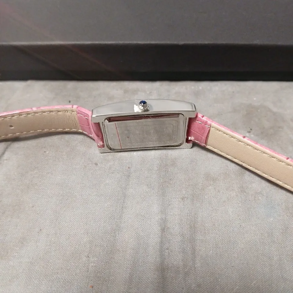 RECTANGULAR WATCH WITH PINK CROCODILE-EMBOSSED LEATHER STRAP AND BLUE CABOCHON CROWN