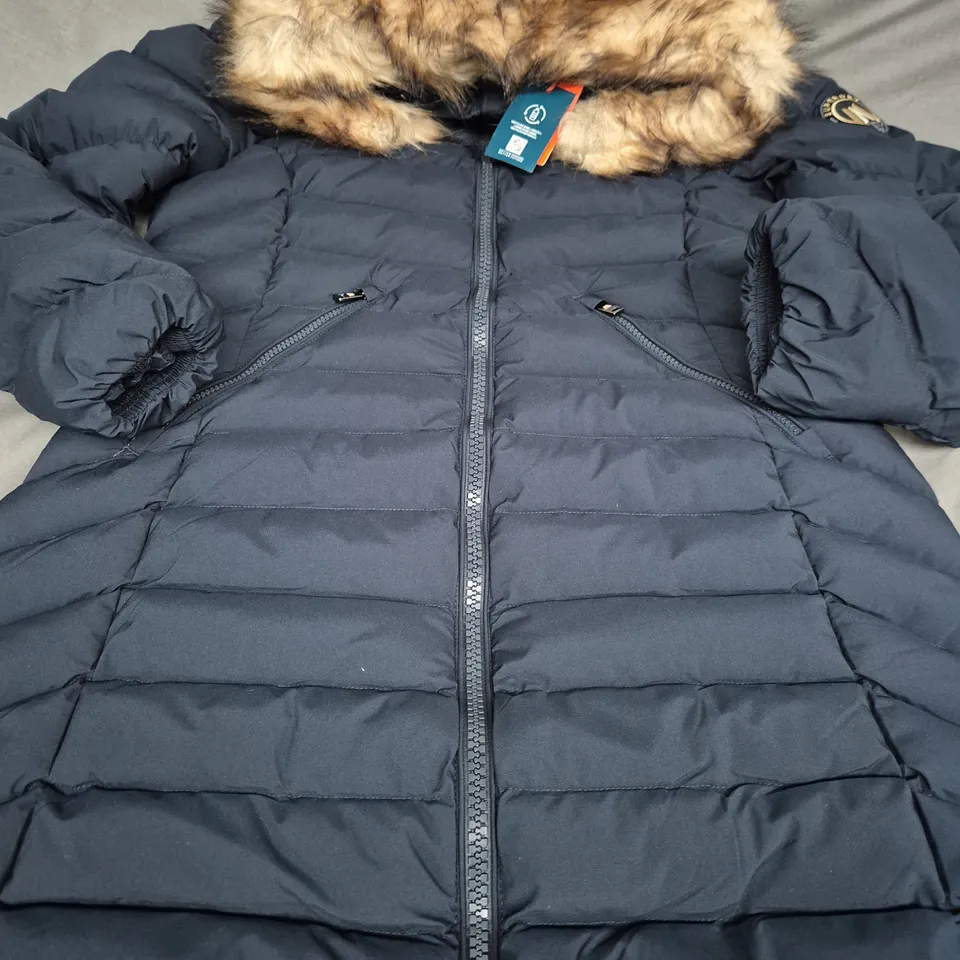 SUPERDRY FUJI FAUX FUR HOOD MID LENGTH COAT, NAVY - SIZE L