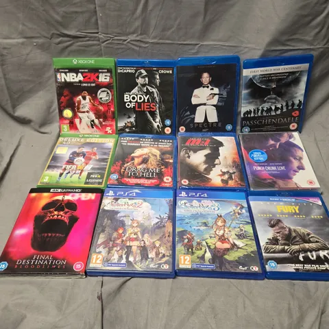 APPROXIMATELY 30 ASSORTED DVDS & GAMES TO INCLUDE SPECTRE, FIFA 16, FURY, ETC