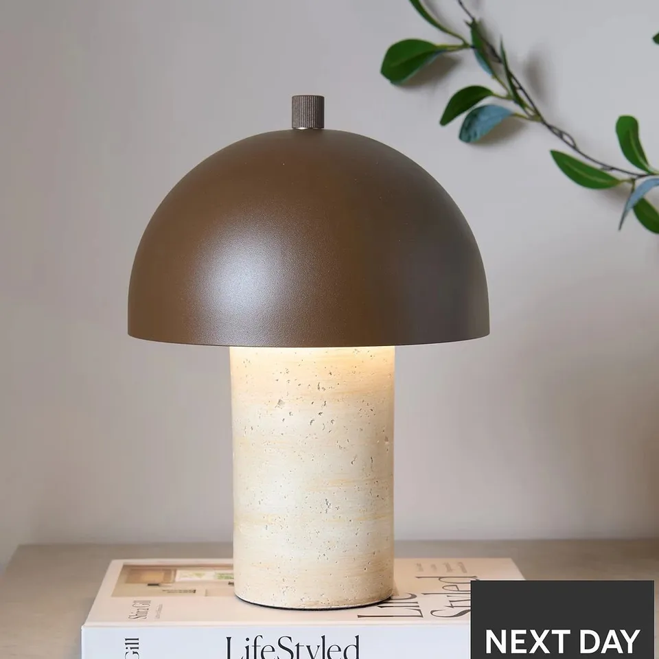 MICHELLE KEEGAN RECHARGEABLE TRAVERTINE TABLE LAMP WITH BROWN METAL SPUN SHADE