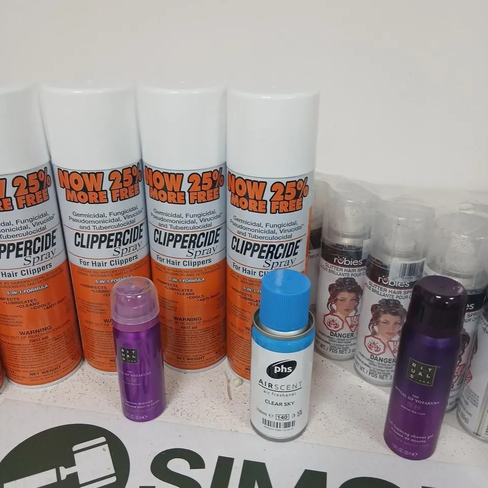 APPROXIMATELY 24 ASSORTED AEROSOL SPRAYS TO INCLUDE; ASSORTED HEALTH & BEAUTY AEROSOLS & SPRAYS – CLIPPERCIDE, GLITTER HAIR SPRAY, SURE DEODORANT & AIR FRESHENER (VERIFY)