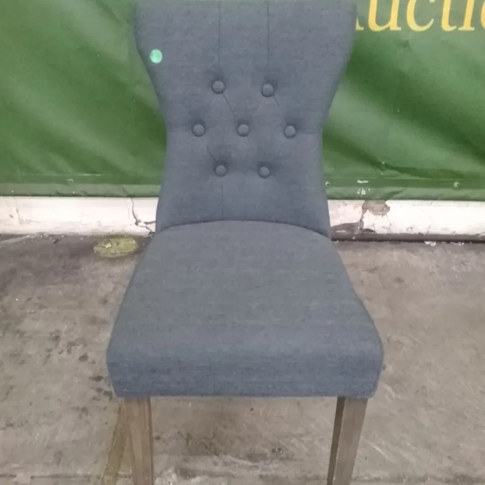 BEWLEY SLATE FABRIC BUTTON BACK DINING CHAIR WITH OAK LEGS
