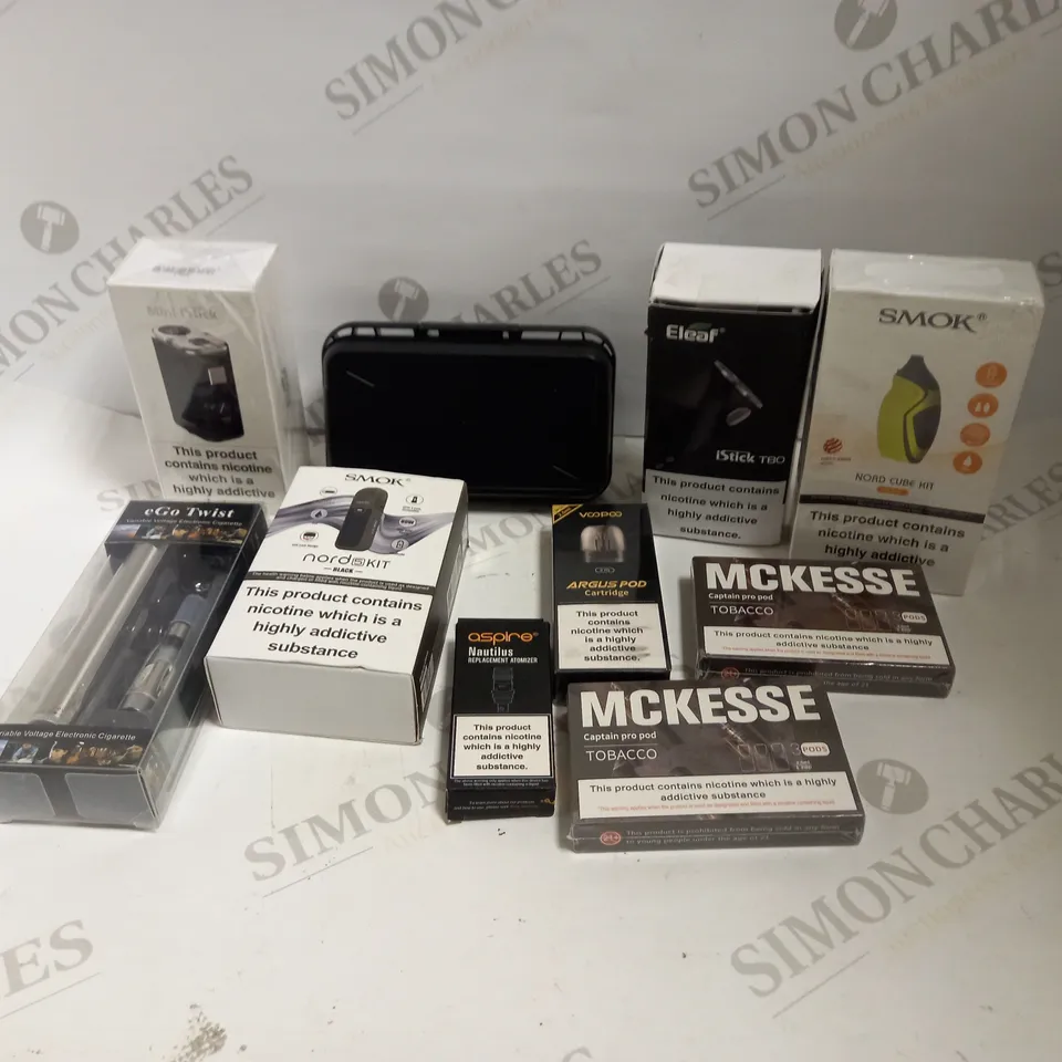 LOT TO CONTAIN APPROX. 40 ASSORTED E-CIGARETTE PRODUCTS, INCLUDES PIECES, SPARE PARTS AND COMPLETE SETS 
