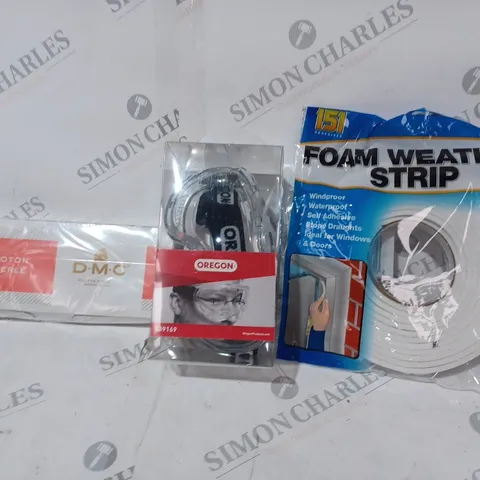 BOX OF APPROXIMATELY 20 ASSORTED HOUSEHOLD ITEMS TO INCLUDE DMC COTTON BALLS, OREGON 539169 SAFETY GOGGLES, FOAM WEATHER STRIP, ETC