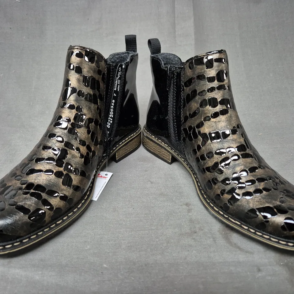 BOXED PAIR OF RIEKER SHOES IN BLACK/BRONZE EU SIZE 38