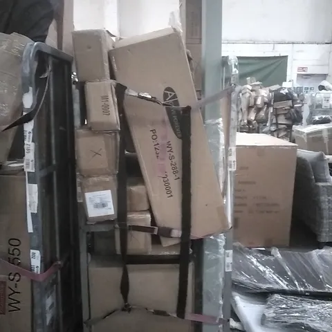CAGE OF ASSORTED GOODS AND PRODUCTS TO INCLUDE; PROJECTOR SCREEN, VELVET HANGARS AND AEROBIC STEPPER
