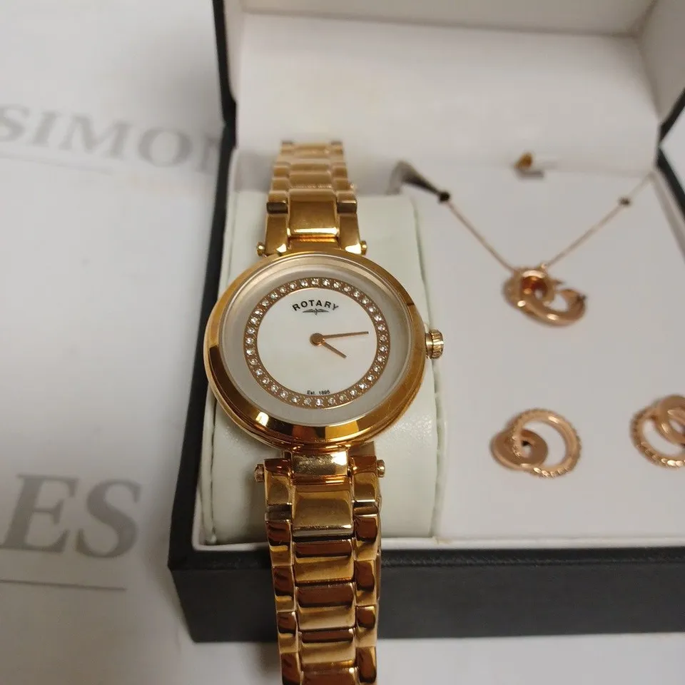 BOXED ROTARY LADIES WATCH AND JEWELLERY SET IN ROSE GOLD - WATCH, EARRINGS AND NECKLACE