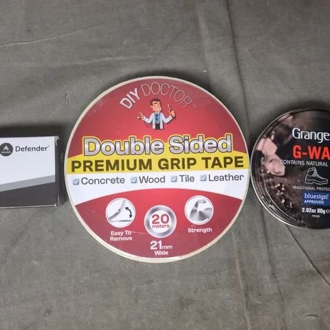 APPROXIMATELY 10 ASSORTED HOUSEHOLD ITEMS TO INCLUDE MKA TORCH, DOUBLE SIDED GRIP TAPE, GRANGERS G-WAX, ETC