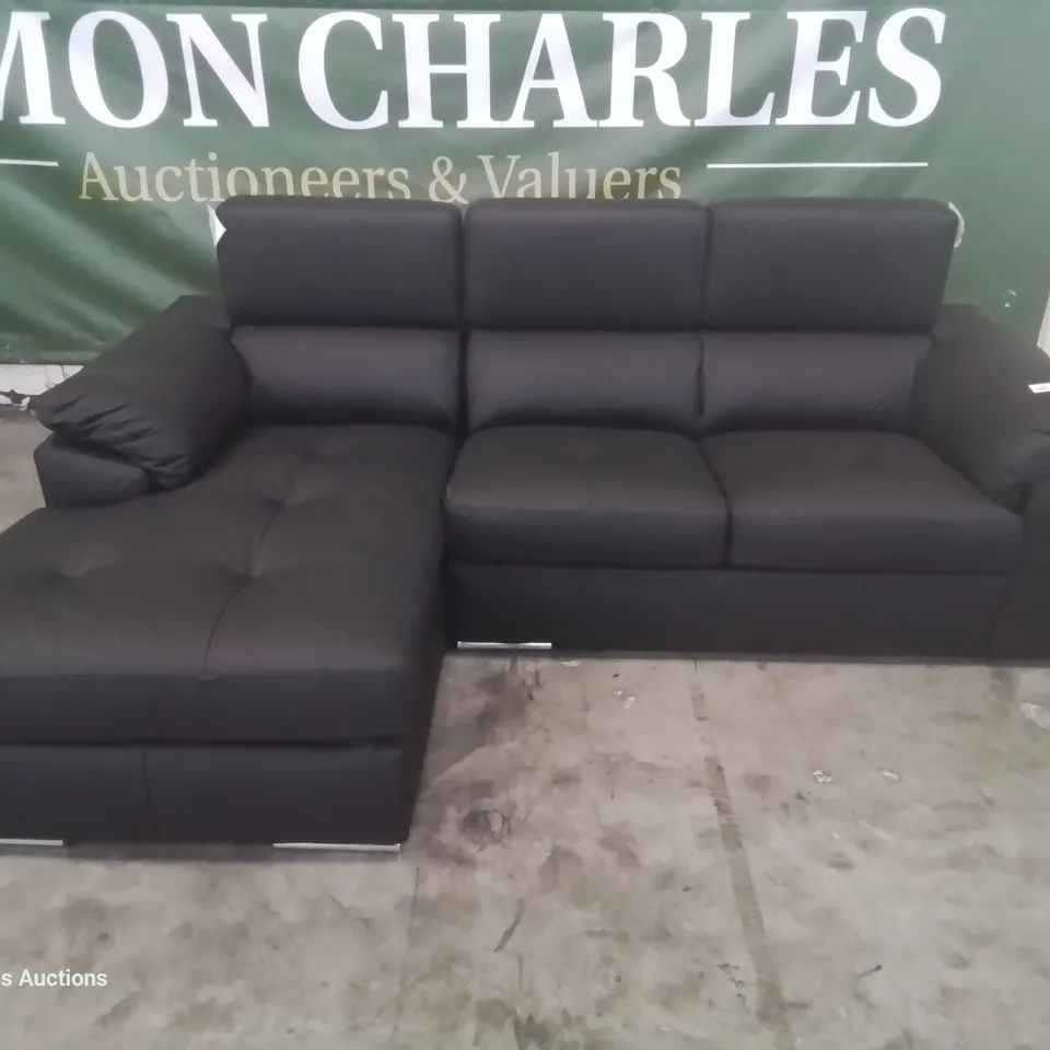 DESIGNER ITALIAN STYLE CHAISE SOFA WITH ADJUSTABLE HEADRESTS BLACK LEATHER
