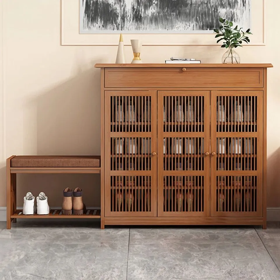 BOXED BAMBOO ENTRYWAY STORAGE SHOE CABINET WITH BENCH