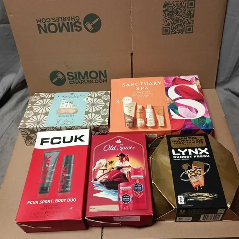BOX OF APPROXIMATELY 25 ASSORTED COSMETIC ITEMS/BOX SETS TO INCLUDE SANCTUARY SPA, LYNX, OLD SPICE, FCUK, CHAMPNEYS ETC