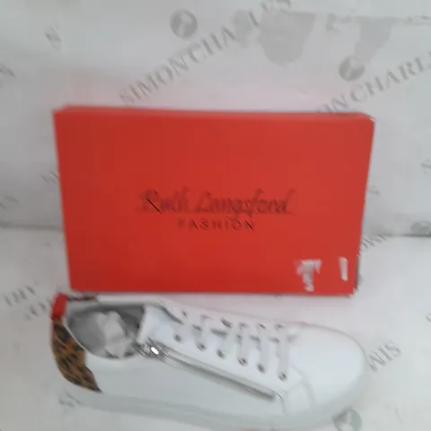 BOXED PAIR OF RUTH LANGSFORD TRAINERS IN WHITE LEOPARD PRINT SIZE 8
