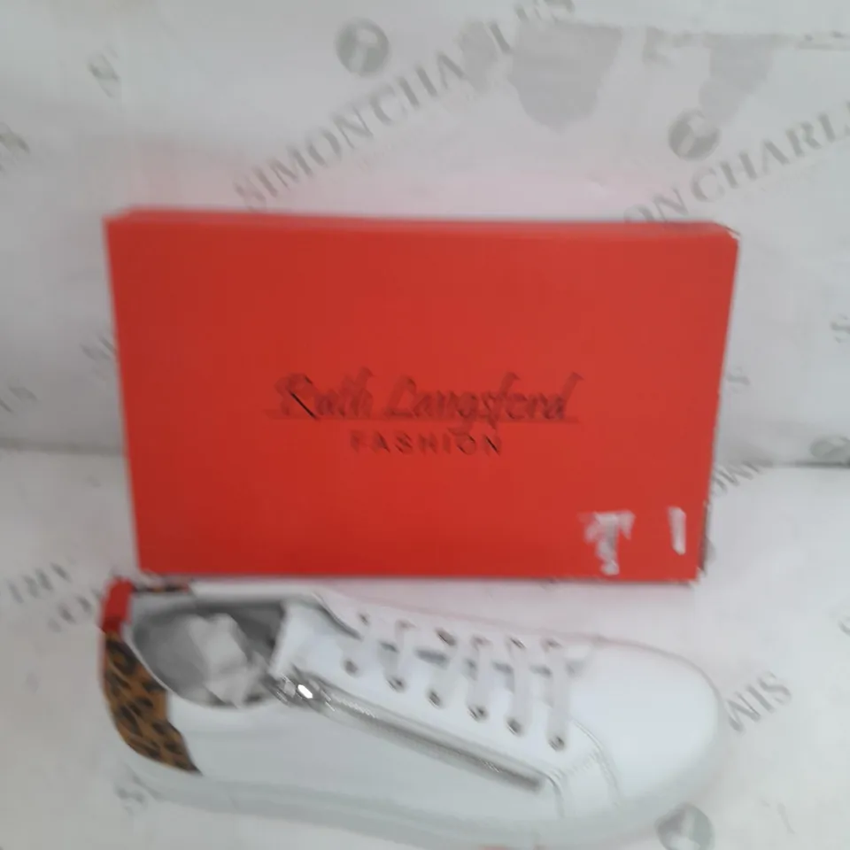 BOXED PAIR OF RUTH LANGSFORD TRAINERS IN WHITE LEOPARD PRINT SIZE 8