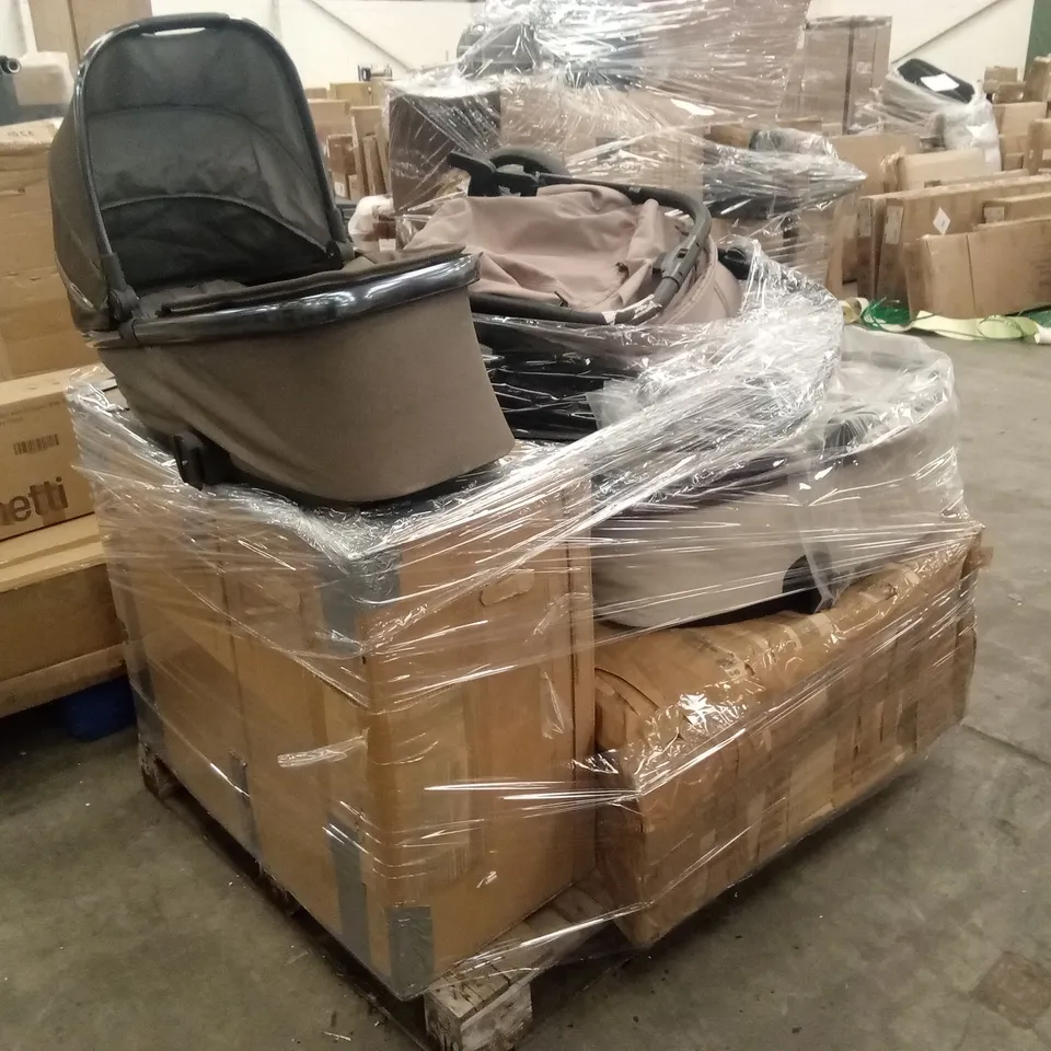 PALLET OF ASSORTED INCOMPLETE DESIGNER PRAM PARTS AND PIECES 